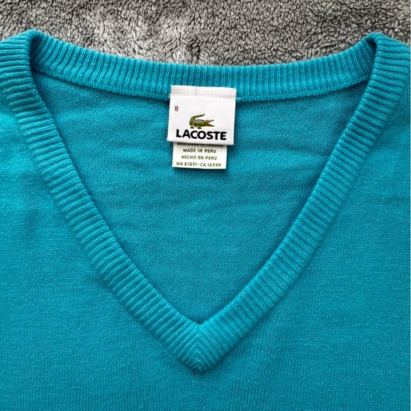 LACOSTE V-Neck Cotton Knit Sweater Blue Teal Size 8 (3XL) - Picture 4 of 15